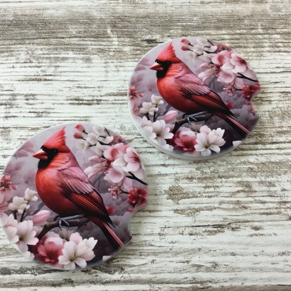 Male Cardinal with Flowers Car Coasters - Set of 2 - Picture 4 of 7